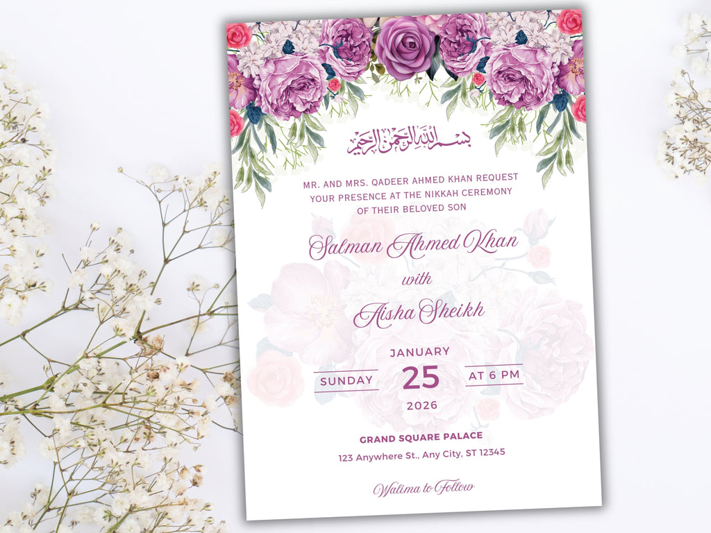 Editable Nikkah Invitation Floral Muslim Wedding Card Nikkah Invite Canva Template