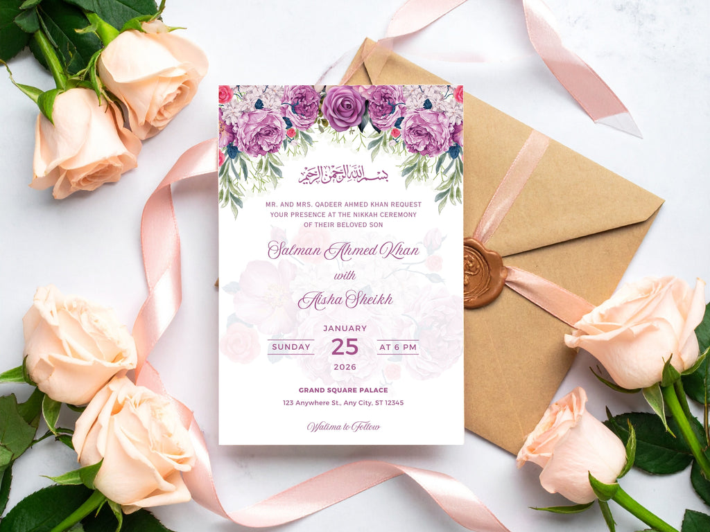 Editable Nikkah Invitation Floral Muslim Wedding Card Nikkah Invite Canva Template