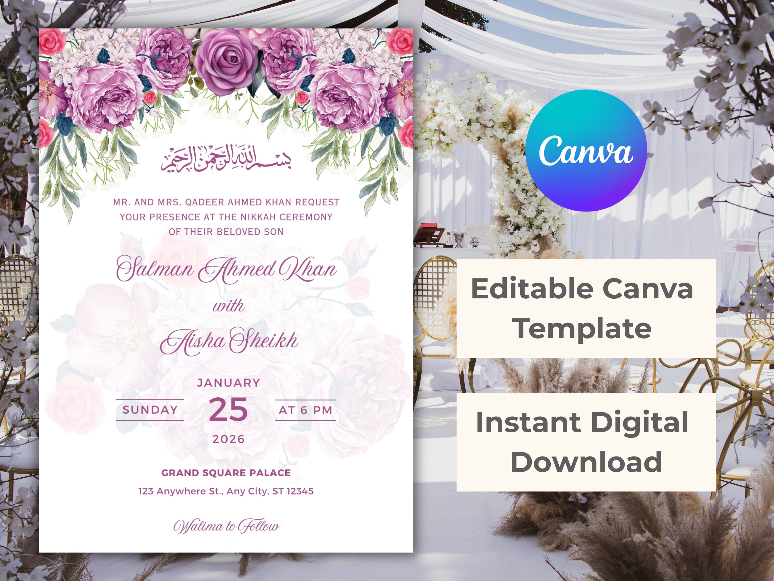Editable Nikkah Invitation Floral Muslim Wedding Card Nikkah Invite Canva Template
