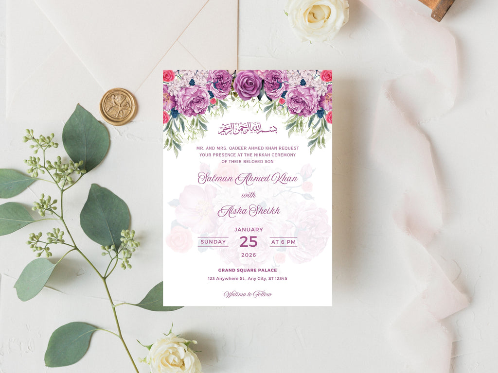 Editable Nikkah Invitation Floral Muslim Wedding Card Nikkah Invite Canva Template