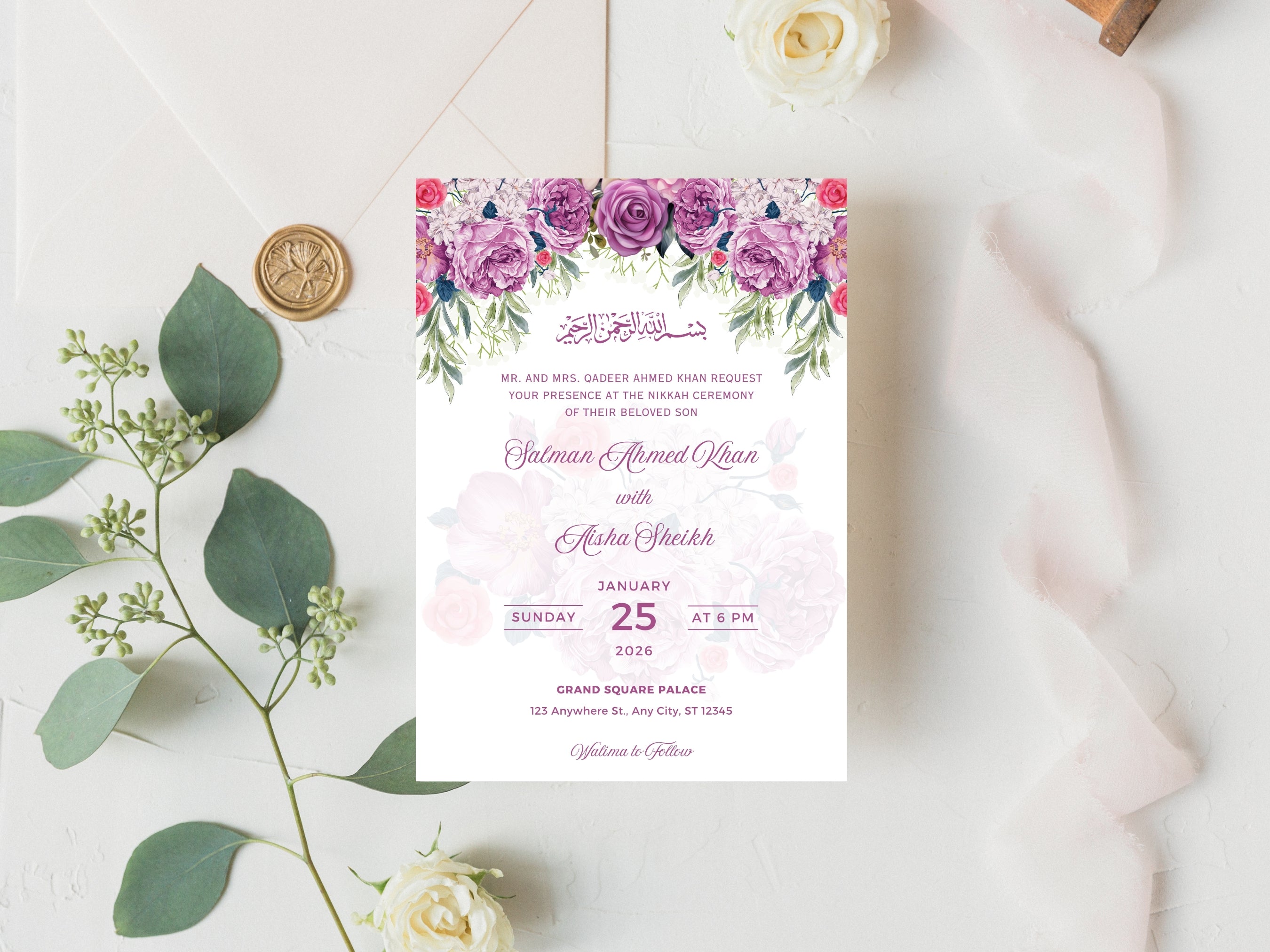 Editable Nikkah Invitation Floral Muslim Wedding Card Nikkah Invite Canva Template