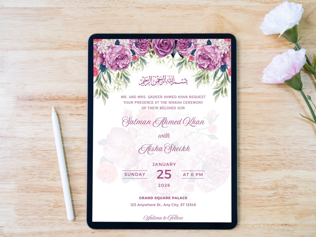 Editable Nikkah Invitation Floral Muslim Wedding Card Nikkah Invite Canva Template